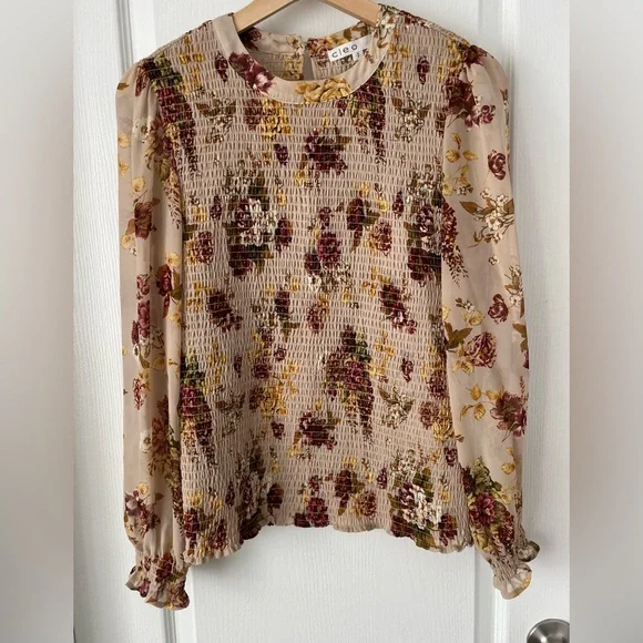 CLEO-Floral Smocked Blouse | Long Sleeve Sheer Boho Top | Size Small - Picture 2 of 14